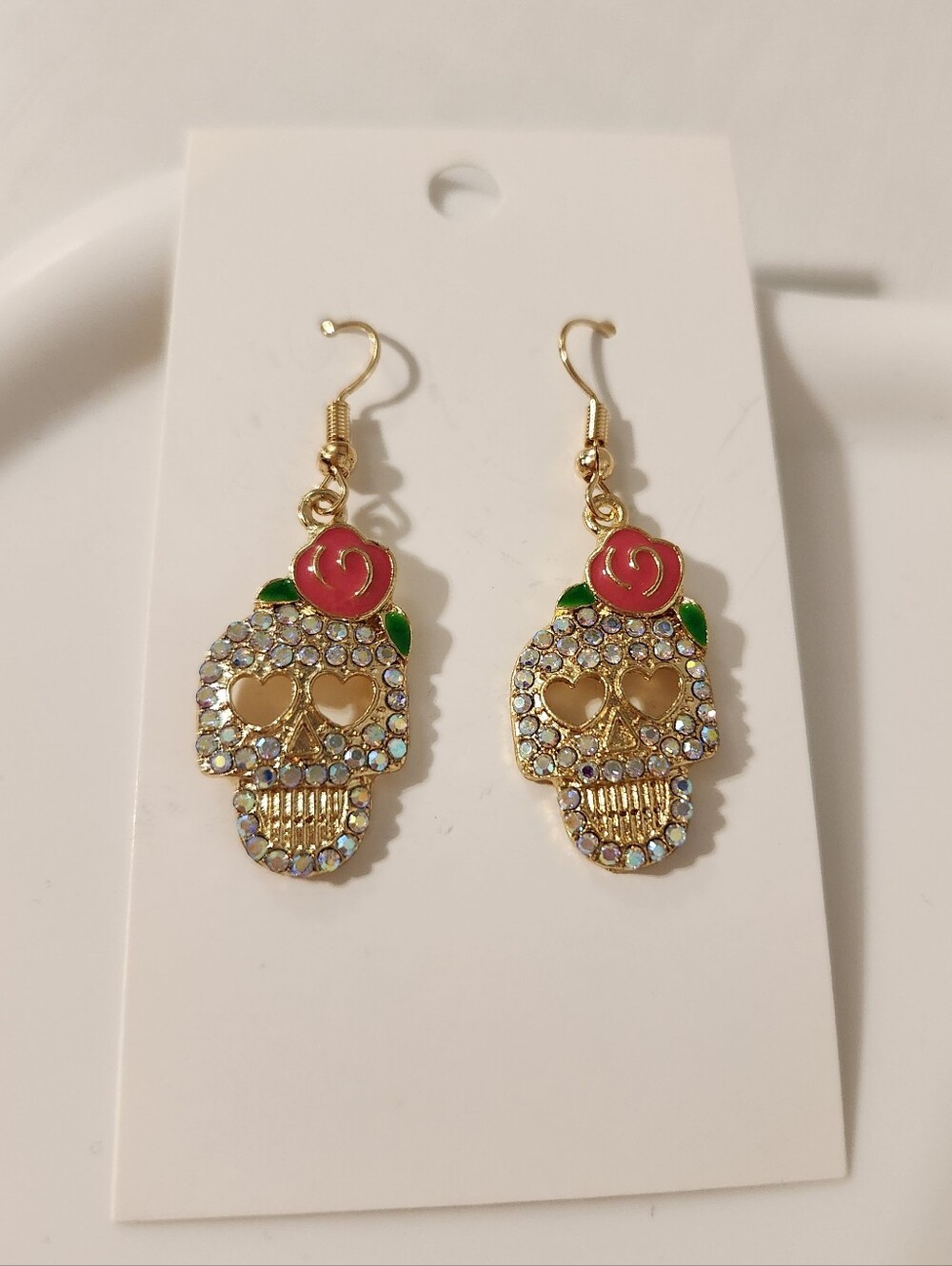 Gold Crystal Sugar Skull Drop Earrings with Pink Rose
